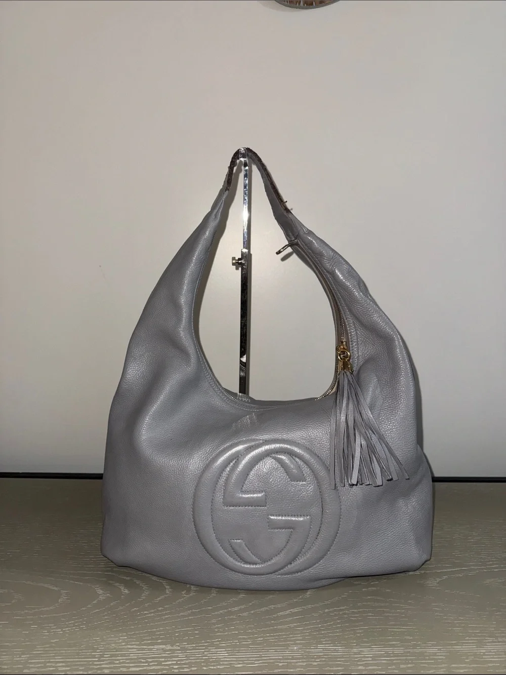 Gucci Light Grey Pebbled Leather Hobo with Tassel